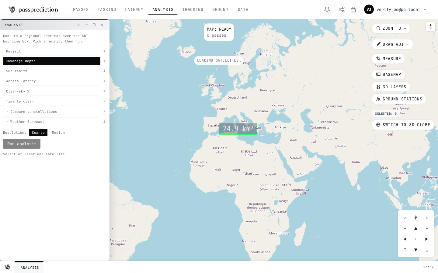 The Analysis tool computing a regional coverage/revisit heat map over an AOI bounding box