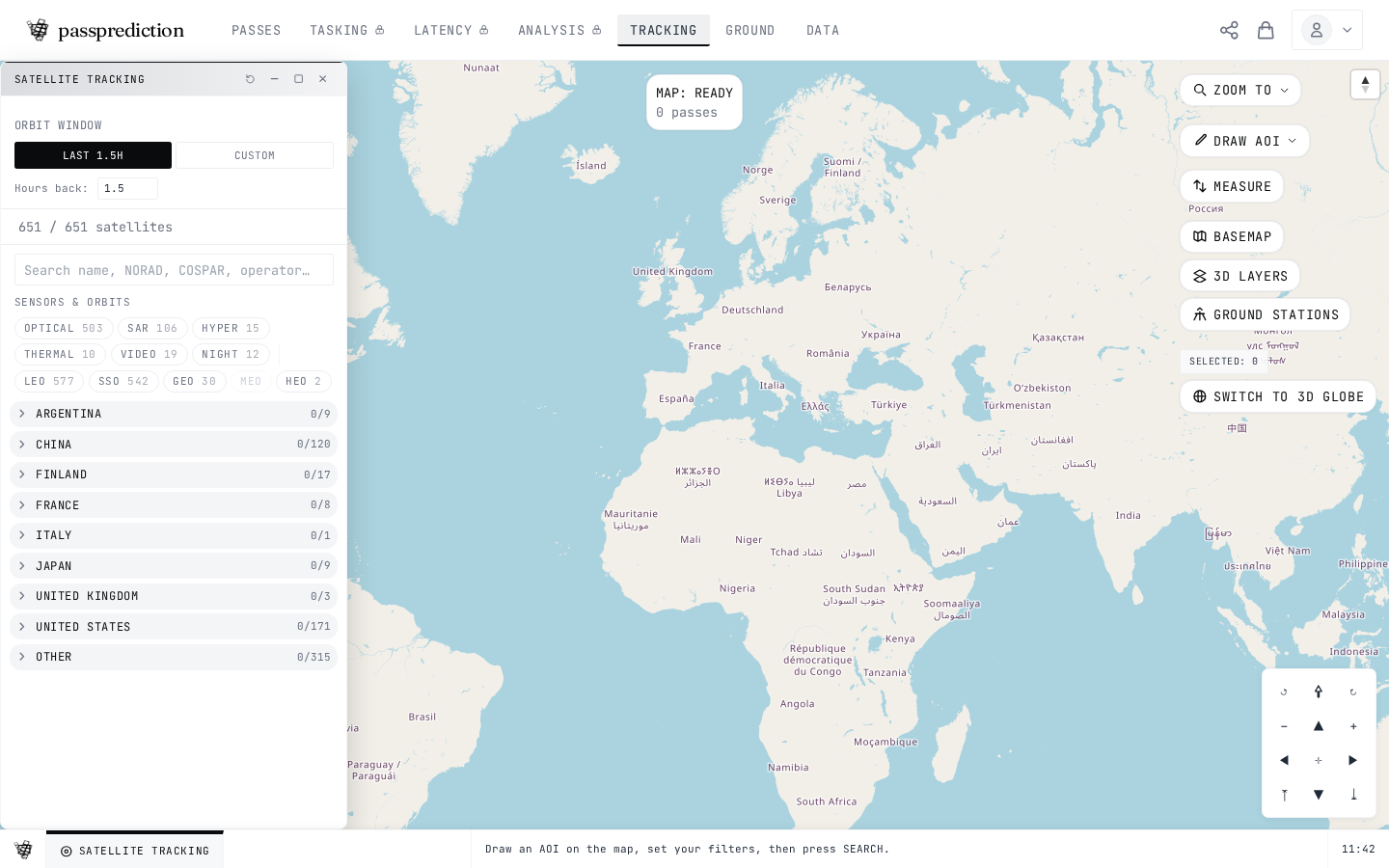 The Satellite Tracking panel with sensor and orbit filters and live satellites