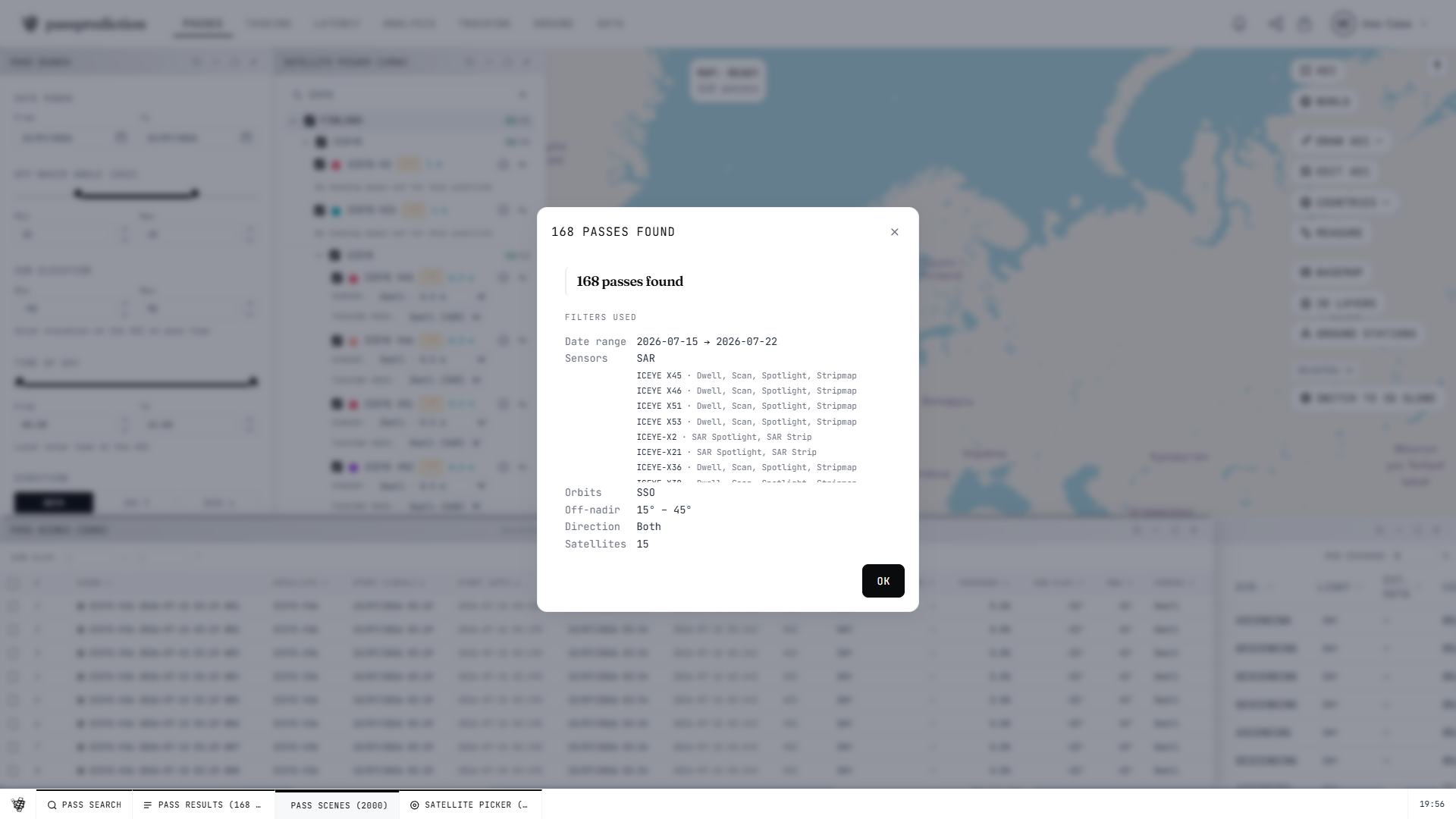 The Pass Search panel and its results over an area of interest