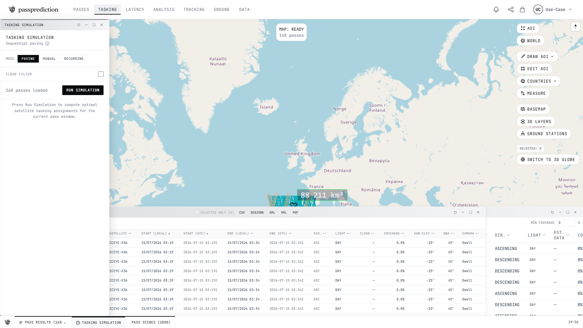 The Tasking Simulation panel with paving mode and a per-pass results table