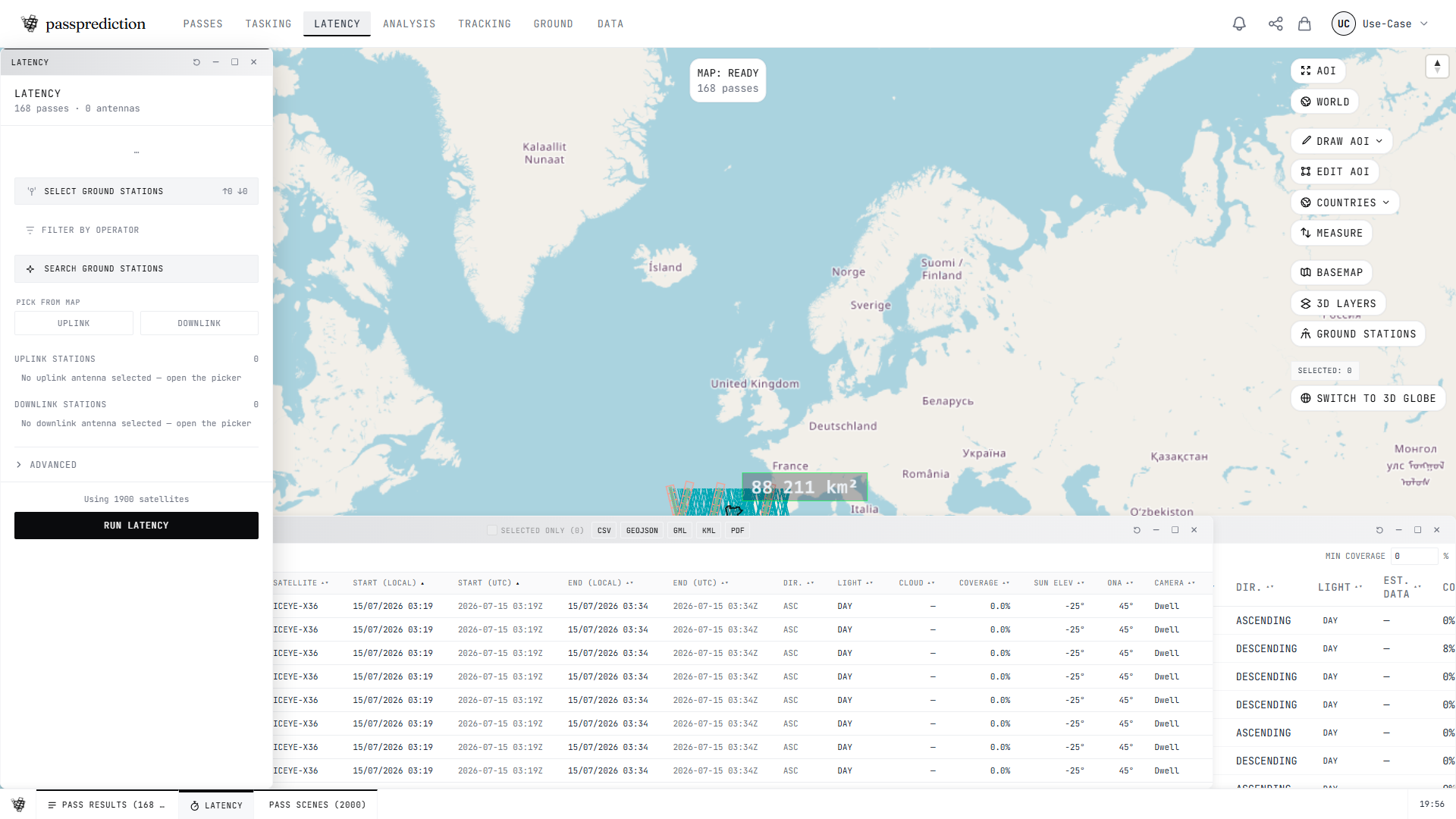 The Latency panel with ground-station selection over an area of interest
